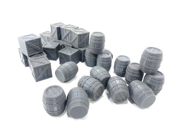 15 cajas y 15 barriles 15 Cajas de suministros y 15 Barriles de madera