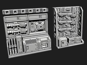 007-0217-0 armeros con armas para escenografía futurista · Armeros con armas futuristas
