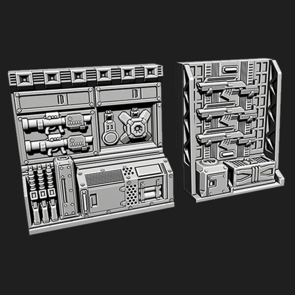 armeros con armas para escenografía futurista · Armeros con armas futuristas