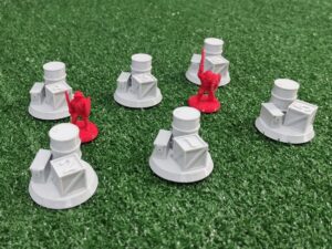 marcadores de objetivo con cajas y barriles · seis marcadores