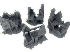 Cuatro edificios en ruinas Briarwood sobre fondo blanco