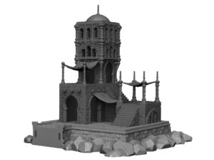 Torre de vigilancia costera para wargames con arcos, terrazas y cúpula